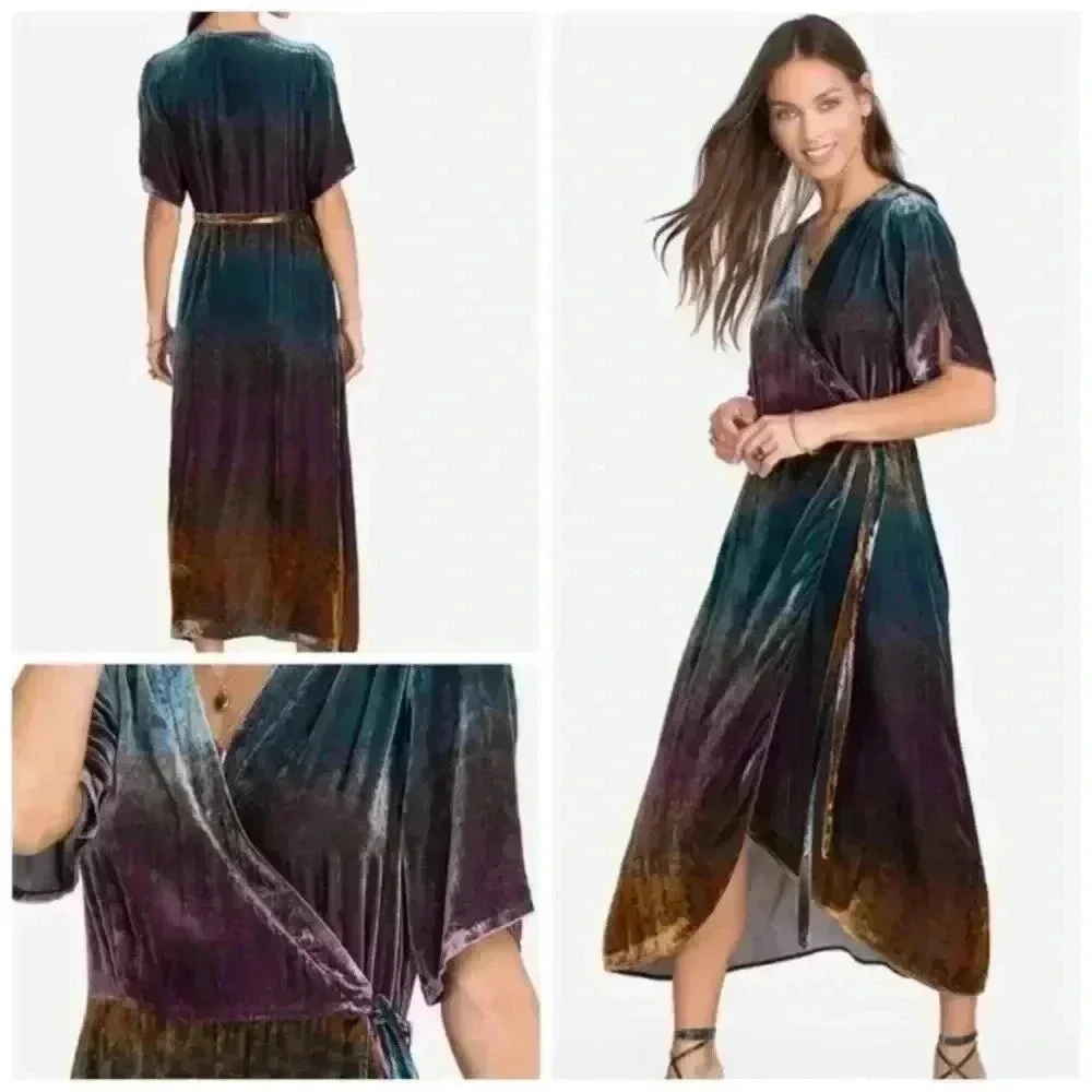 NWOT JOHNNY WAS Ombre Cheetah Print Velvet Midi Silk Wrap Dress Size XS - Picture 7 of 16